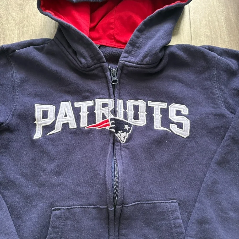 NFL New England Patriots Youth Full Zip Hoodie Navy Blue Red Hood Size M (10/12)